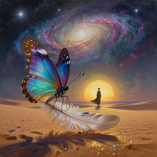 Digital artwork of a silhouetted figure standing beside a large, colorful butterfly with blue and purple wings, near a glowing sun and a spiral galaxy