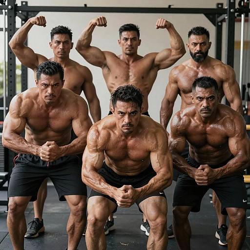 Photograph of five muscular, shirtless men with tanned skin and black shorts, flexing their biceps in a gym. They have short,
