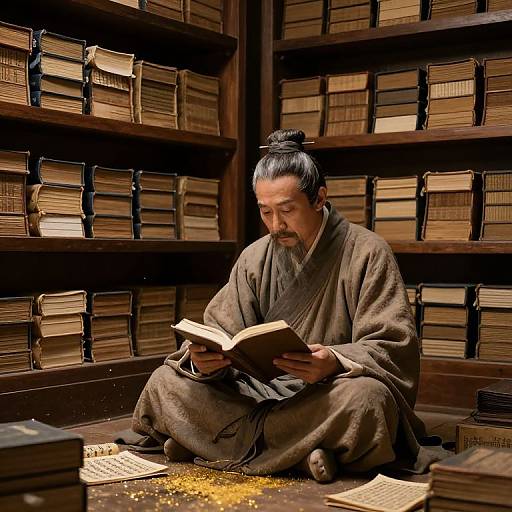 Photograph of an elderly Asian man with a topknot, wearing a brown robe, sitting cross-legged in a dimly lit library, reading a
