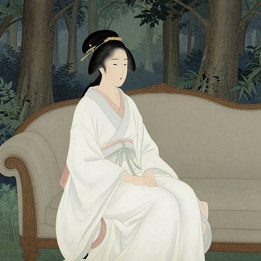 Digital illustration of a serene East Asian woman in a white kimono, seated on a beige couch in a forested background.