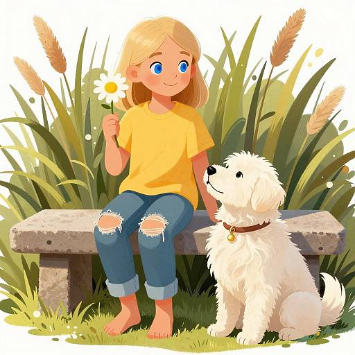 Blonde Girl and Fluffy Dog Illustration
