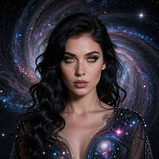 Photorealistic digital portrait of a beautiful woman with long black hair, glowing yellow eyes, and starry, swirling galaxy background.