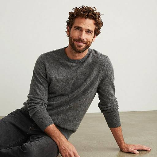 Photograph of a curly-haired, bearded man with a friendly smile, wearing a gray sweater and dark jeans, sitting against a white background.