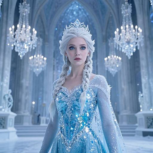 Photograph of a fair-skinned, blonde woman with braided hair, wearing a sparkling blue ice queen dress and silver tiara, standing in a