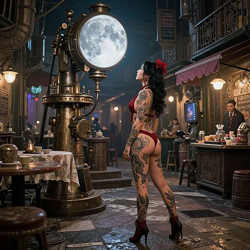 Tattooed woman in red lingerie and heels stands under glowing street lamp in moonlit, steampunk-themed alley with vintage cafes.