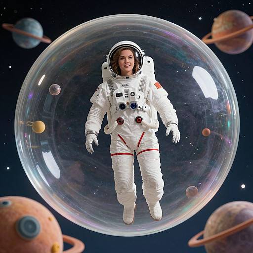 Photorealistic image of a smiling astronaut in a white spacesuit floating inside a large, transparent, iridescent bubble surrounded by colorful planets in space