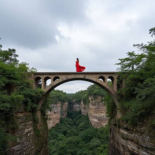 Photograph of a woman in a vibrant red dress standing on a stone arch bridge, overlooking a lush, green canyon. Overcast sky.