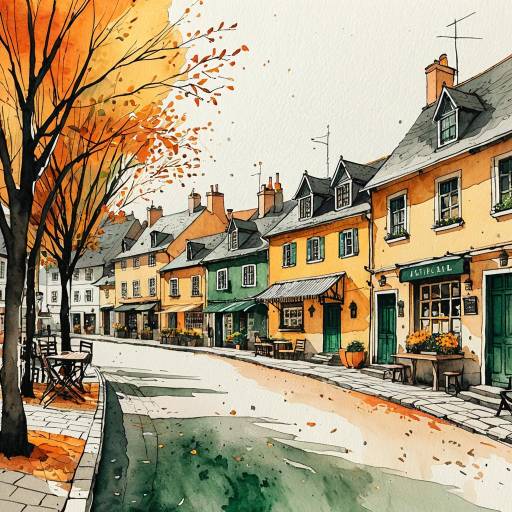 Quaint Village Square in Watercolor