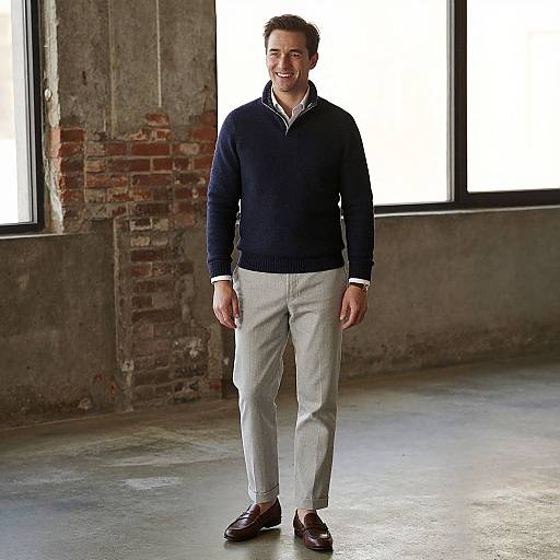 Photograph of a smiling man in a navy sweater, grey pants, and brown shoes, standing in a bright, industrial-style room with exposed brick and