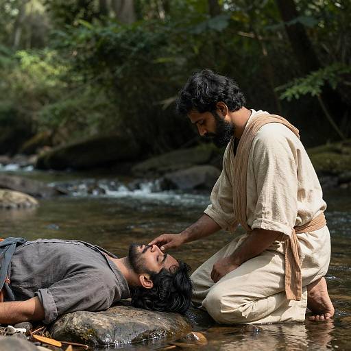 Man Kneeling by River Touching Forehead of Lying Unconscious Man