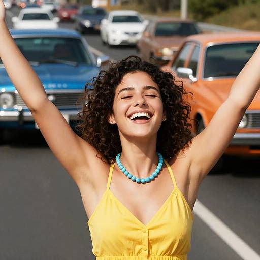 Joyful Woman Among Vintage Cars
