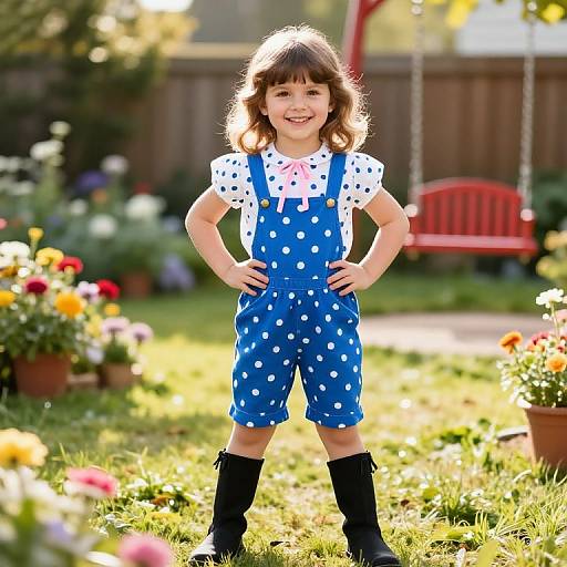 Photograph of a smiling young girl with brown hair, wearing blue polka-dot overalls, white shirt, and black boots, standing in a sunny