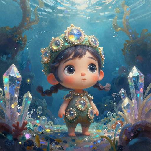 Digital fantasy artwork of a cute, wide-eyed child with dark hair in braids, wearing a jeweled crown and green outfit, surrounded by glowing crystals