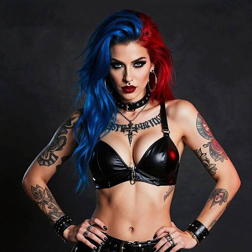 Photograph of a tattooed woman with vibrant blue and red hair, wearing a black leather bra, choker, and bracelets, against a dark background