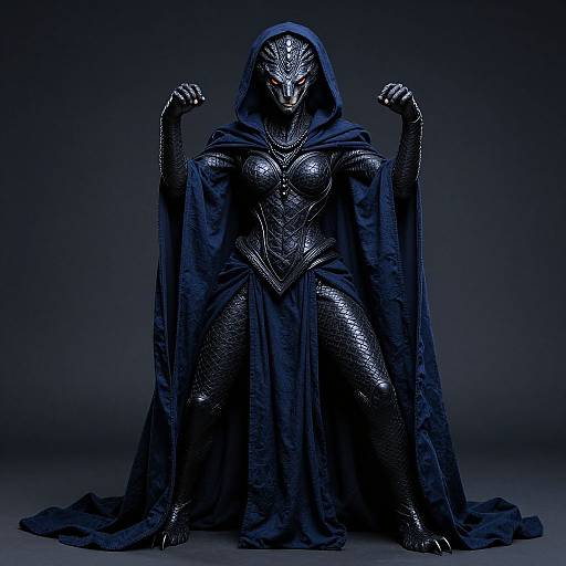 Photograph of a dark, armored, humanoid figure with a reptilian face, wearing a black, hooded cloak, standing with fists raised, against