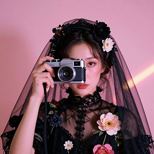 Photograph of a young woman with pale skin, dark hair, wearing a black lace veil and floral dress, holding a vintage camera, taking a selfie