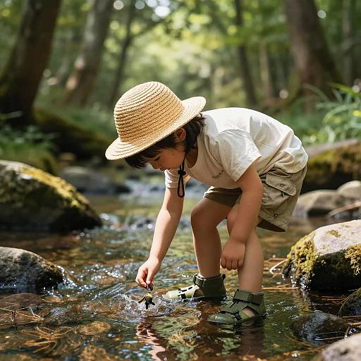 Photograph of a young boy in a straw hat, white shirt, and khaki shorts, bending to examine a creek in a sunlit forest.