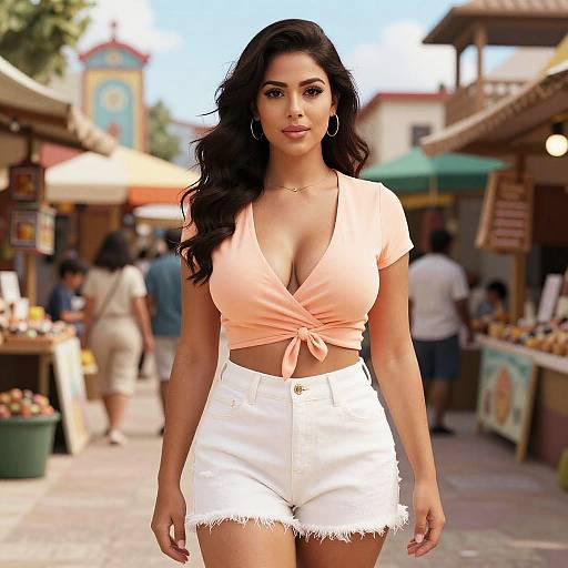 Photograph of a confident, curvy woman with long black hair, wearing a tied peach crop top and white frayed shorts, walking through a bustling