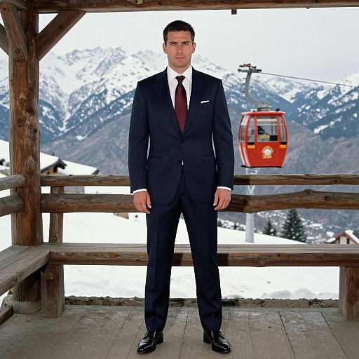 Man in Navy Suit by Mountain Station