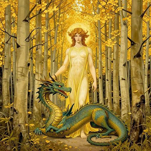 Digital illustration of a glowing, yellow-draped woman with a halo, standing in an autumn forest, beside a green, yellow-scaled dragon.