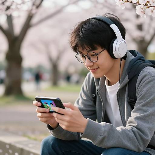 Photograph of an Asian teenage boy with short black hair, glasses, and white headphones, sitting outdoors, smiling while using a smartphone.