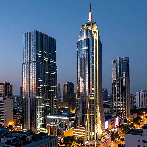Photograph of a cityscape at dusk, featuring three illuminated, tall skyscrapers with reflective glass, bright neon lights, and a blue gradient sky
