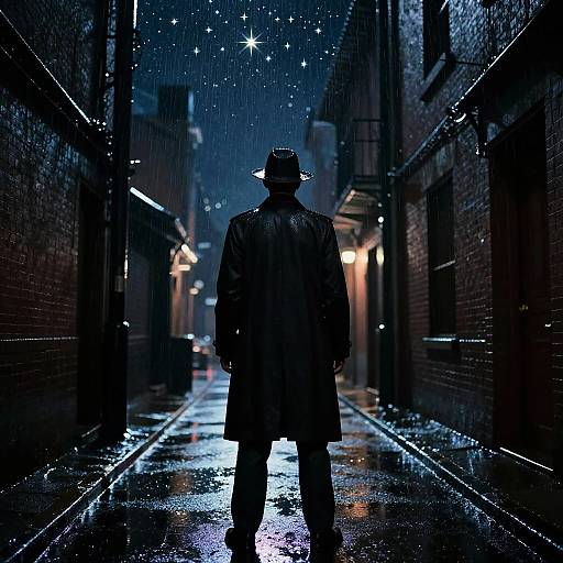Mysterious figure in dark trench coat and hat stands in a rain-soaked, neon-lit alley at night, with stars in the sky. Digital