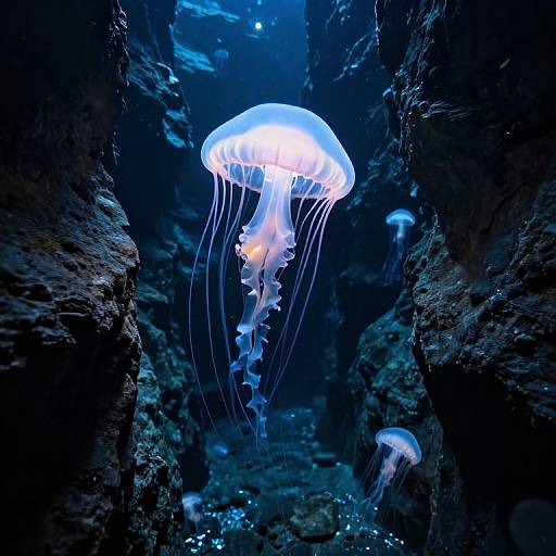 Bioluminescent Jellyfish in Underwater Canyon