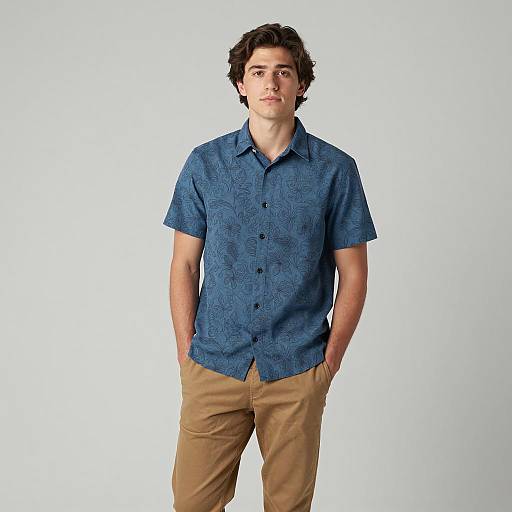 Young Man in Blue Floral Shirt and Tan Pants