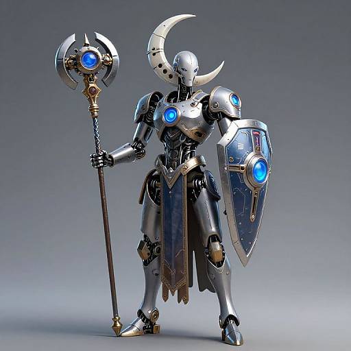 Digital CGI of a futuristic, armored warrior with glowing blue eyes, crescent horn helmet, holding a blue-encircled staff and shield.