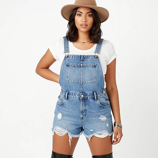 Photograph of a woman with medium brown skin, wearing a tan hat, white t-shirt, and distressed blue denim overalls with frayed hems