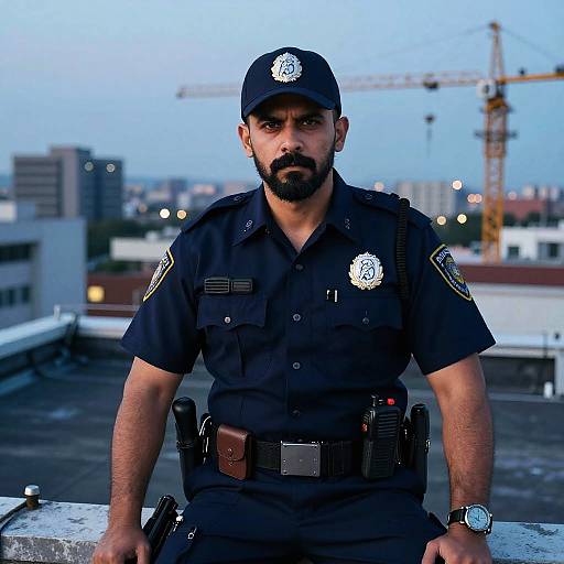 Photograph of a serious male police officer with dark beard, black uniform, and cap, standing on a rooftop at dusk with cityscape and construction crane