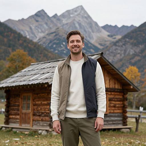 Photograph of a smiling man with short brown hair, wearing a white sweater, beige and navy vest, and olive pants, standing in front of a