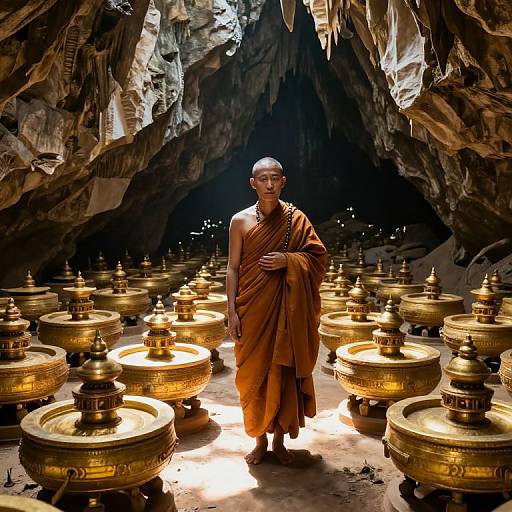 Photograph of a bald, brown-robed Buddhist monk standing among numerous golden stupas inside a dimly lit, cavernous temple.