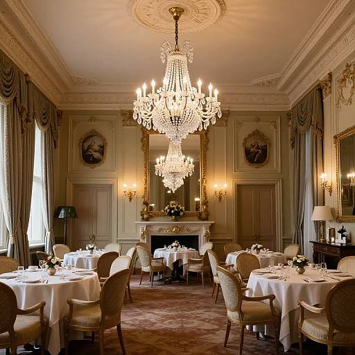 Elegant, opulent dining room photograph featuring two grand chandeliers, ornate walls, portrait paintings, fireplace, and round tables with white table