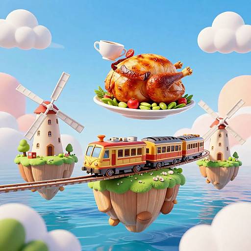 Whimsical CGI illustration of a floating train carrying a roasted turkey with a teacup on top, surrounded by windmills and clouds over a