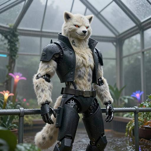 Rainy Cyberpunk Protogen Greenhouse Portrait