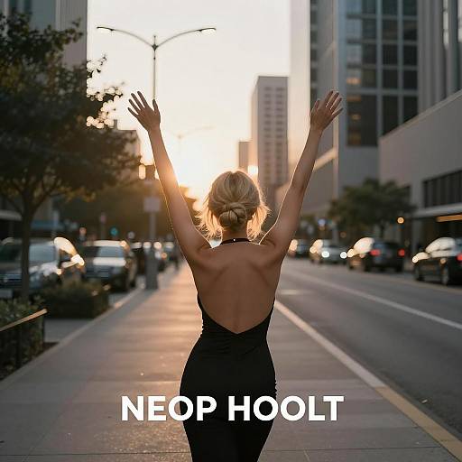 Woman in Black Backless Dress Raising Arms in City