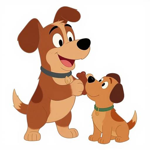 Cartoon illustration of a brown and beige adult dog with a black collar, smiling, patting a smaller orange puppy with a green collar on white background