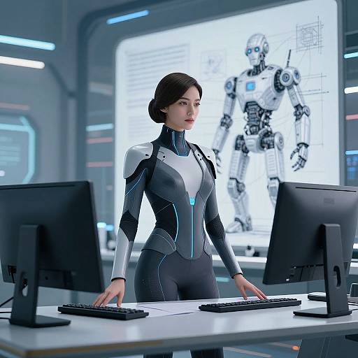 CGI image of a focused woman in a futuristic black and white bodysuit, standing at a desk with monitors, background featuring a glowing robotic figure