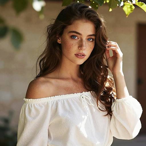 Photograph of a beautiful young woman with long, wavy brown hair, blue eyes, and freckles, wearing an off-shoulder white
