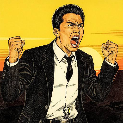 Angry Asian man in black suit and white shirt, fists raised, shouting, against a vibrant yellow and orange sunset background. Digital comic-style illustration.