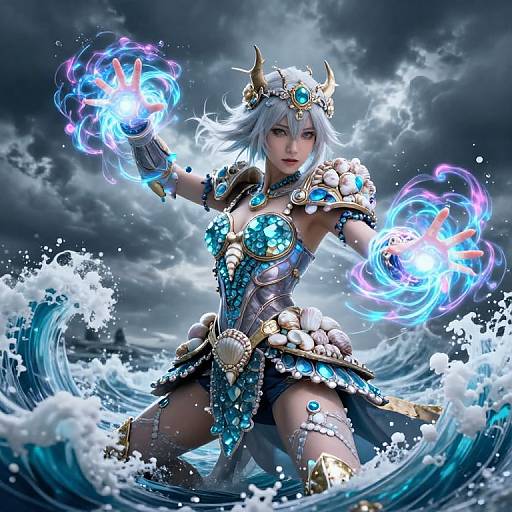 Digital art of a fierce, silver-haired female warrior with horns, glowing blue fireballs, and ornate, turquoise-accented armor, kneeling in