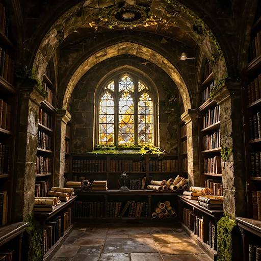 Photograph of a dim, ancient library with arched stone ceiling, stained glass window, moss-covered shelves, and sunlit books and cushions.