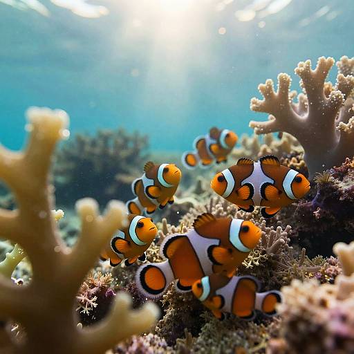 Photograph of vibrant orange-and-white clownfish swimming among colorful coral reefs under bright, sunlit ocean water, creating a mesmerizing underwater scene.