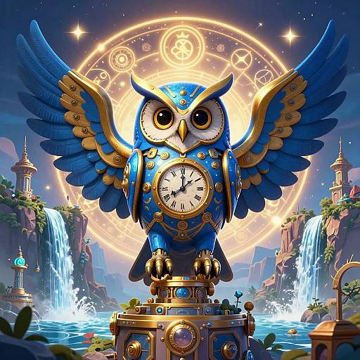 Steampunk Blue-Gold Owl with Clock