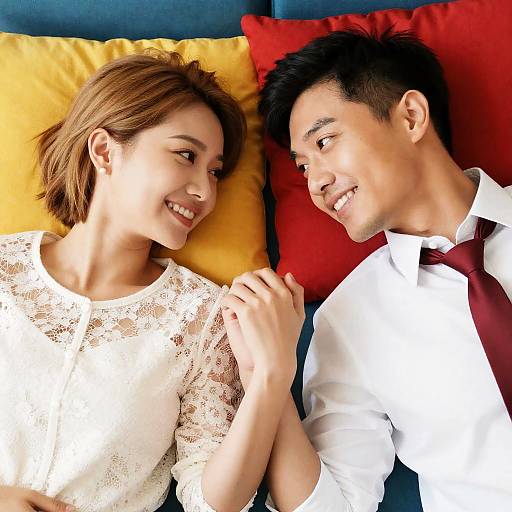 Joyful Asian Couple on Colorful Pillows