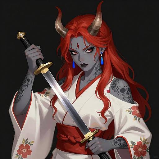 Dark Demon Woman in Floral Kimono