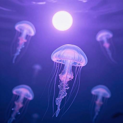 Photograph of glowing purple jellyfish with translucent bell-shaped bodies and long, flowing tentacles, floating in dark blue underwater light. Bright white light source