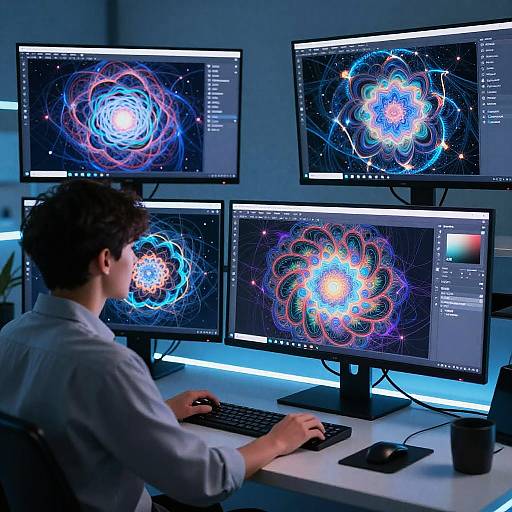 Photograph of a man with curly hair, wearing a light blue shirt, creating colorful, abstract digital mandalas on four computer monitors.